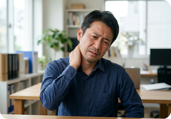 首元を押さえ疲れた表情の中年男性の写真