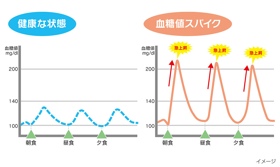 健康な状態と血糖値スパイクの血糖値の変動グラフ