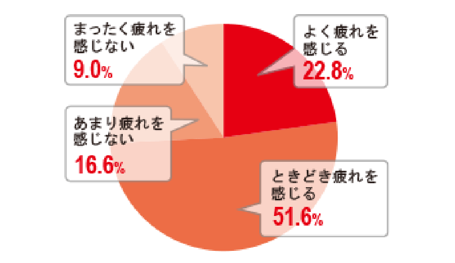 よく疲れを感じる 22.8% ときどき疲れを感じる 51.6% あまり疲れを感じない 16.6% まったく疲れを感じない 9.0%