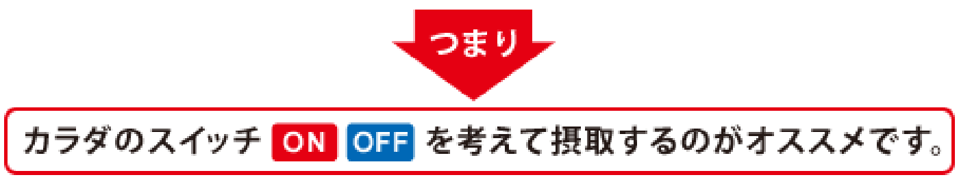 つまり、カラダのスイッチ ON、OFFを考えて摂取するのがオススメです。