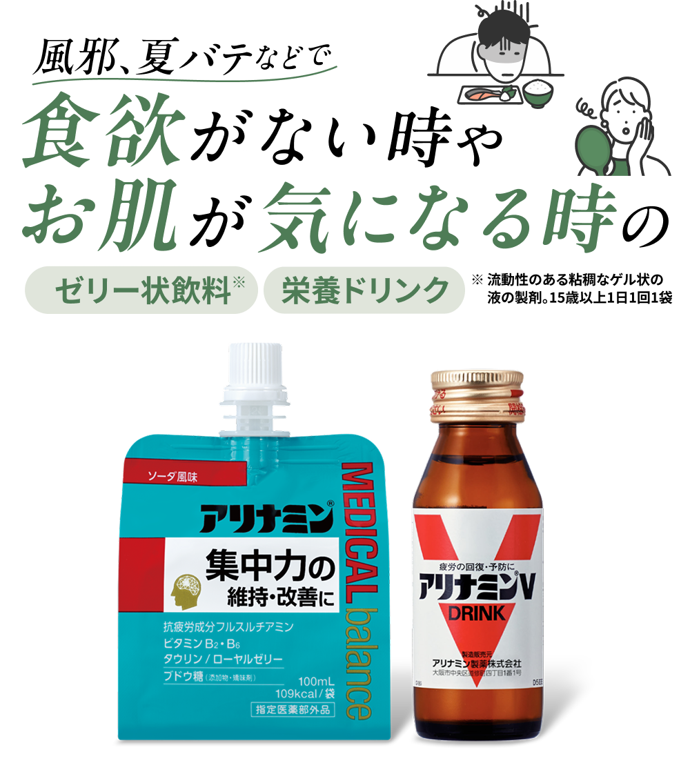 風邪、夏バテなどで食欲がない時やお肌が気になる時に効くおすすめのゼリー状飲料、栄養ドリンクを紹介