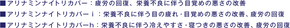 ■アリナミンナイトリカバー：疲労の回復、栄養不良に伴う目覚めの悪さの改善　  ■アリナミンナイトリカバーｉ：栄養不良に伴う目の疲れ・目覚めの悪さの改善、疲労の回復　  ■アリナミンナイトリカバーh：栄養不良に伴う冷えやすさ・寝つきの悪さの改善、疲労の回復