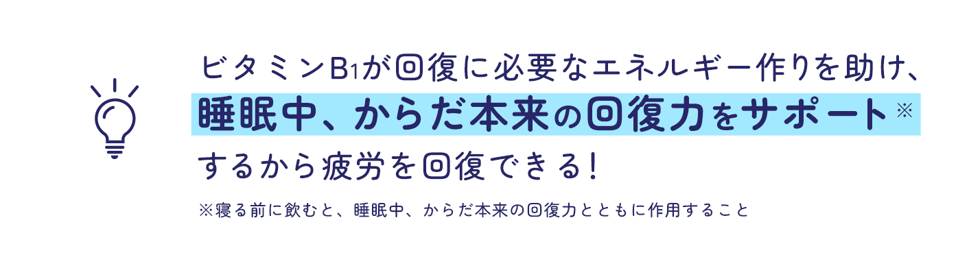 ビタミンB1が回復に必要なエネルギー作りを助け、睡眠中、からだ本来の回復力をサポートするから疲労を回復できる！ ※寝る前に飲むと、睡眠中、からだ本来の回復力とともに作用すること